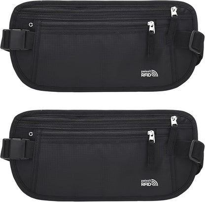 Unisex Money Belt For Men and Women, Slim Passport Holder RFID Blocking Travel Essentials Pouch with Adjustable Strap Small Waist Pouch for Workout Running Travelling Hiking (Black 2 Packs)