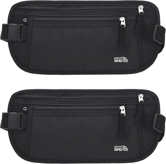 Unisex Money Belt For Men and Women, Slim Passport Holder RFID Blocking Travel Essentials Pouch with Adjustable Strap Small Waist Pouch for Workout Running Travelling Hiking (Black 2 Packs)