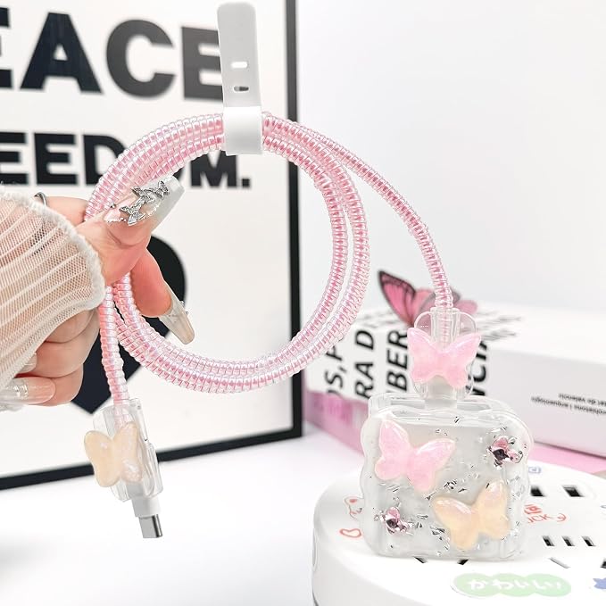 Lovmooful Compatible for iPhone 18W/20W USB-C Charger Cover Clear Lovely 3D Butterfly Waves Design Soft Charger Protector Cute Cable Case Saver Protector for Girls Women-Pink Butterfly