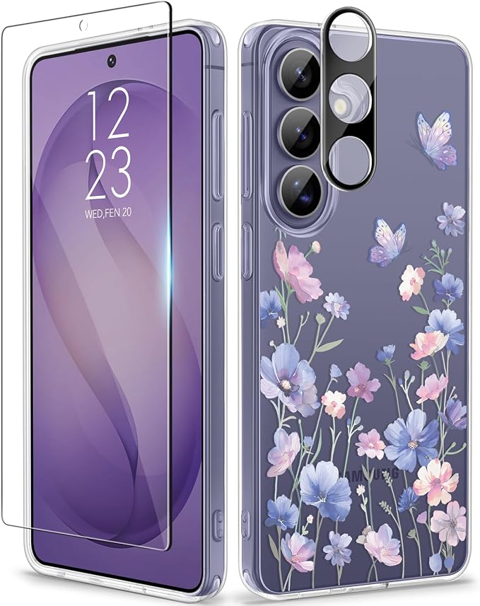 GVIEWIN for Samsung Galaxy S26 Plus Case, Clear Floral Slim Shockproof Protective Women Phone Case, Non-Yellowing, with Screen Protector&Camera Lens Protector for S26 Plus 6.7", Bloomwing/Blue