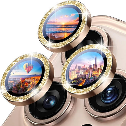 Uyiton 4 Pack Bling for iPhone 15 Pro /15 Pro Max Camera Lens Protector - Not Easy to Break Strong Adsorption Individual Metal Tempered Glass Rear Camera Screen Cover - Glitter Gold