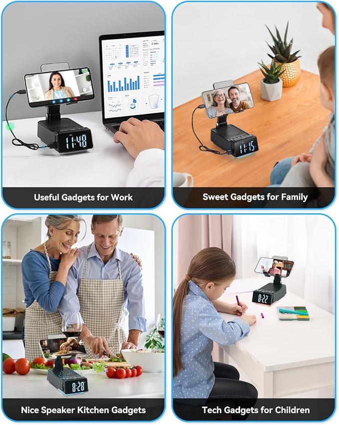 Father's Day Gifts for Dad, Birthday Gifts for Men, 7 in 1 Phone Stand Bluetooth Speaker with Alarm Clock, Wireless Charger, Light, USB Playback & Hands-Free Calling