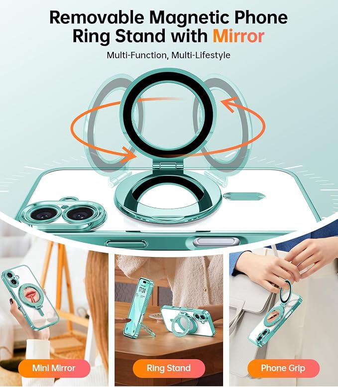 Meifigno Magnetic Case with Removable Phone Ring Stand for iPhone 16 Plus, [Glitter Card & Wrist Strap] [MagSafe Compatible] [Built in Mirror] Magnetic Phone Ring Holder + 16 Plus Case Kit, Teal