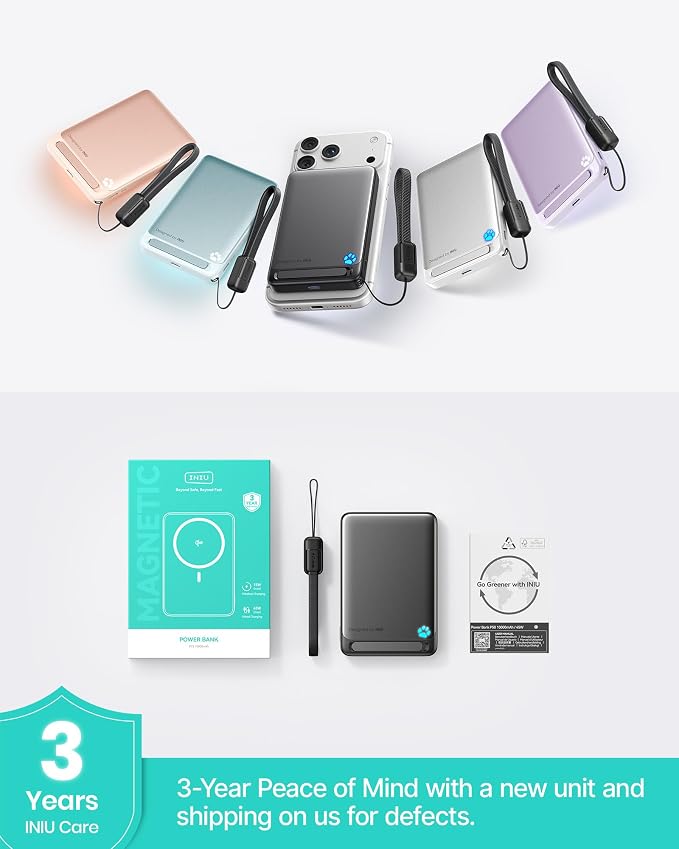 INIU for MagSafe Portable Charger, Slimmest Fast Charging 45W Power Bank 10000mAh with USB C Cable&Stand, Original Qi2 Certified Wireless Magnetic Charger 15W, TSA Travel Basics for iPhone 17-12 Only