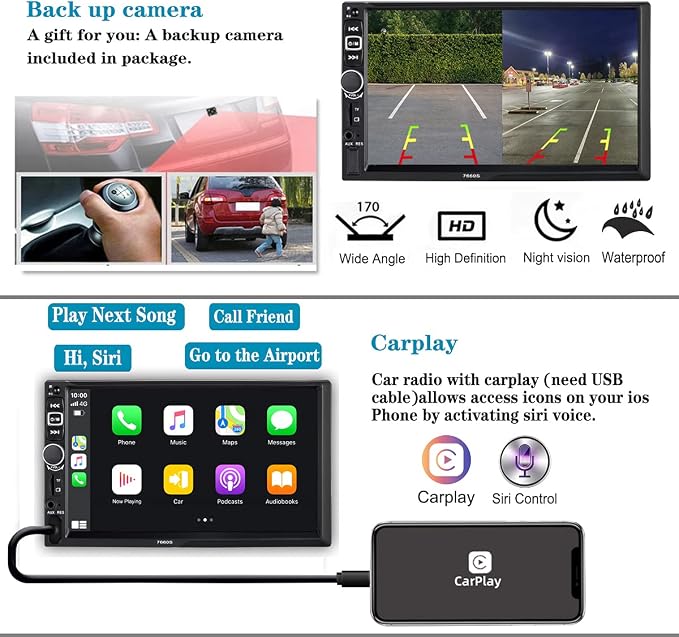 Double Din Car Stereo Radio Compatible with Apple Carplay and Android Auto, 7-Inch HD Touchscreen with Voice Control, Mirror Link, Backup Camera, Steering Wheel, Bluetooth, FM, USB/TF/AUX Port