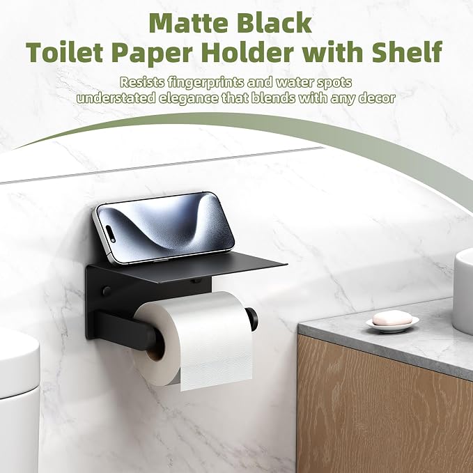Toilet Paper Holder with Phone Shelf, APLusee SUS 304 Stainless Steel Bathroom Tissue Holder, Wall Mounted Roll Paper Dispenser, Matte Black