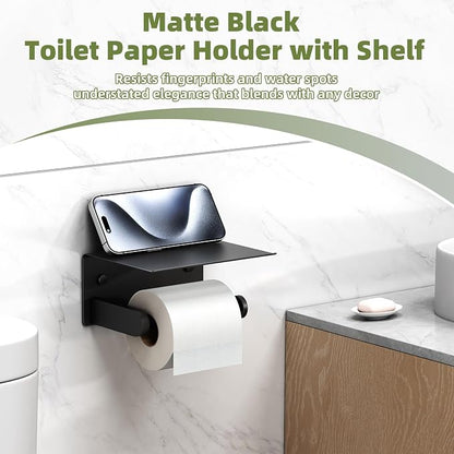 Toilet Paper Holder with Phone Shelf, APLusee SUS 304 Stainless Steel Bathroom Tissue Holder, Wall Mounted Roll Paper Dispenser, Matte Black
