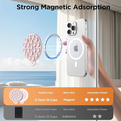 Magnetic Suction Cup Phone Mount, Compatible with MagSafe, Silicone Octo Cup Buddy Sticky Grip Holder for iPhone and Android, Removable Hands-Free Selfie/Video for TikTok, Lovely Pink
