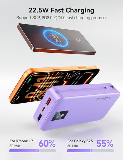 Portable Charger, 20000mAh 22.5W Fast Charging Power Bank with Built-in Cables & Wall Plug, Travel Essentials Battery Pack with LED Display, USB C External Battery Bank for iPhone iPad, Samsung Purple