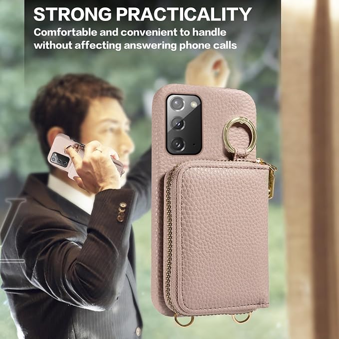 Wallet Case for Samsung Galaxy Note 20 5G with Shoulder Strap Ring Buckle, PU Leather Zipper Flip Organ Purse, Card Holder Stand Phone Cover for Note20 Notes 20s Twenty Not S20 Women Men Khaki