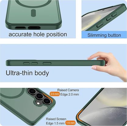 For Samsung Galaxy S24 Case & Galaxy S25 Case [Compatible with Magsafe] Translucent Matte Magnetic Phone Case,Slim Thin Duty Shockproof Protection with 2pc HD Screen Protector for S24/S25-Dark green