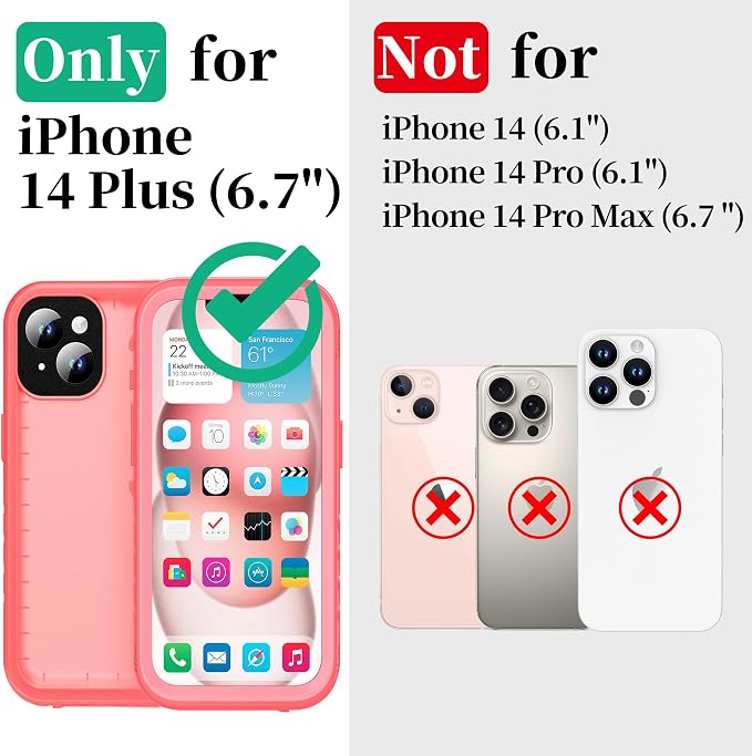 Cozycase Compatible with iPhone 14 Plus Waterproof Case - Full Body Shockproof Dustproof Dropproof Built in Screen Protector Rugged Waterproof Case for iPhone 14 Plus 6.7 Inch Pink