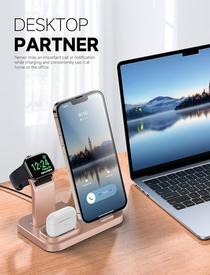 Wireless Charging Station 3 in 1 RJR Compatible with Apple Devices, Charging Dock for iWatch, Built-in Wireless Charger Stand for iPhone Series AirPods Gifts (with 18W Adapter) Rose Gold