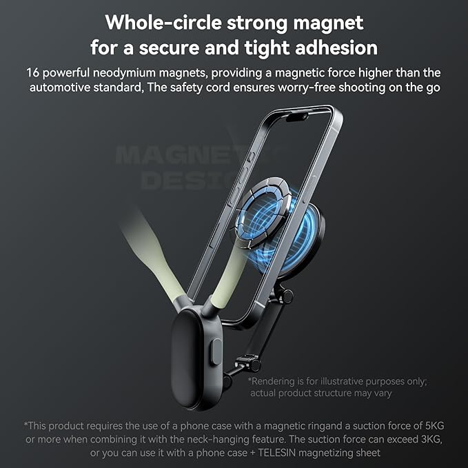 TELESIN Magnetic Neck Mount for Phones, Cell Phone Holder Stand Hanging on Neck POV/Vlog Selfie Hand Free Necklace Phone Strap Video Recording for iPhone 16 15 14 13 12 Seires Android Phones (Green)