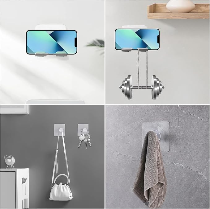 2 PCS Portable Shower Phone Holder, Wall Mount Phone Holder for Smooth Surfaces, Adjustable Cellphone Stand with Adhesive Pads for Bathroom Kitchen, Universal Compatibility with Smartphones