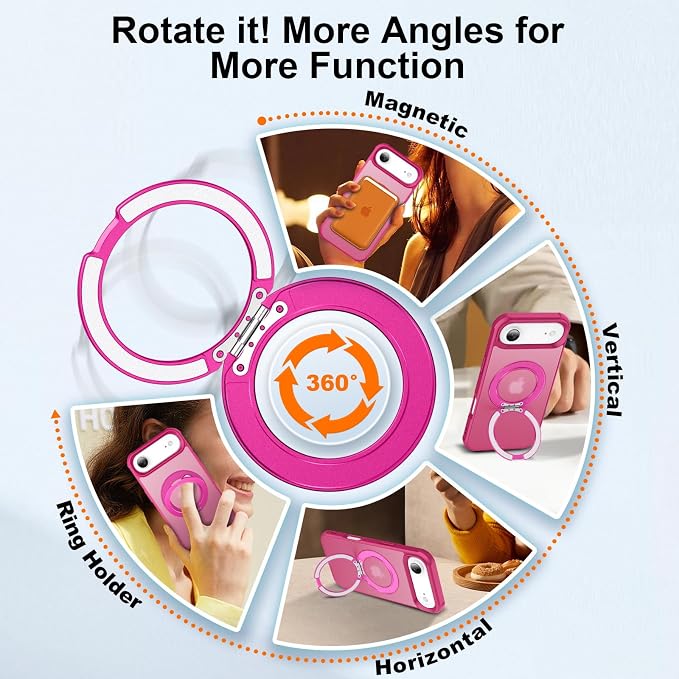 360° Magnetic Swivel Ring for iPhone 17 air case, Built-in Metal Stand and Ring Holder, Magsafe Compatible, Military Grade Protection, Shockproof - Rose Pink