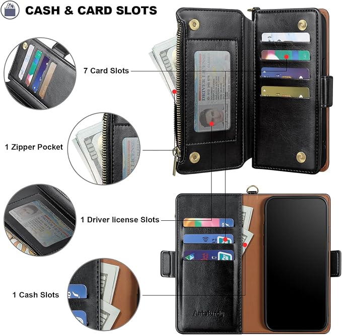 Antsturdy Compatible with iPhone 16 Plus Wallet Case,RFID Blocking PU Leather Phone Case Women Men Kickstand flip Cover Wrist Strap Zipper Credit Card Holder Slots for Apple 16 Plus 6.7",Black
