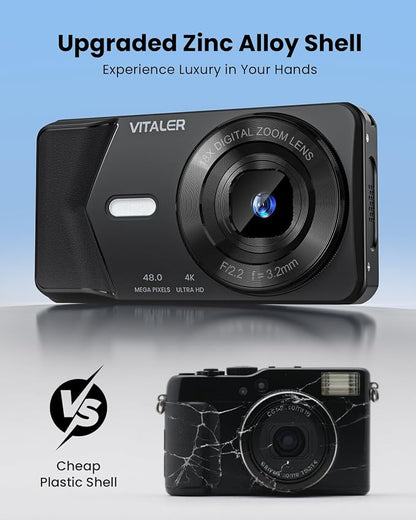 Digital Camera, Autofocus 48MP 4K Camera for Photography with 32GB Card, Portable Compact Point and Shoot Digital Camera for Teens Adult Beginner Kids with Metal Shell, 2000 mAh Battery