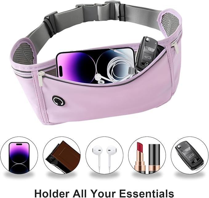 Slim Running Belt for Women Men,Runners Fanny Pack Phone Holder,Money Belt,Running Gear Accessories,with 3 Pockets (Purple)