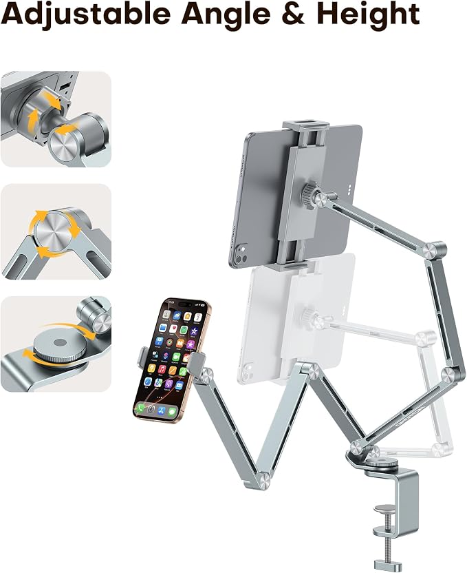 OMOTON GH03 Adjustable Tablet Stand for iPad, Desk Phone Holder for Bed with 2 Clamps, Flexible Aluminum Alloy Mount with 360° Rotation for 4-13" Devices