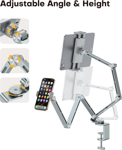 OMOTON GH03 Adjustable Tablet Stand for iPad, Desk Phone Holder for Bed with 2 Clamps, Flexible Aluminum Alloy Mount with 360° Rotation for 4-13" Devices