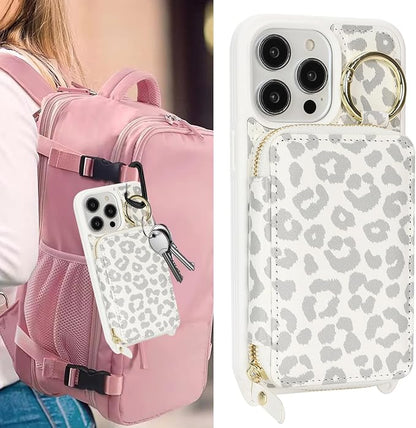 Crossbody Wallet Case for iPhone 14 Pro Max, PU Leather Zipper Handbag Purse Flip Cover, Kickstand Folio Case with Card Slots Holder Wrist Strap Lanyard 5G 6.7 Inch-White Leopard