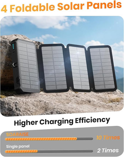 SOARAISE Solar Charger Power Bank 48000mAh PD QC 3.0 Fast Charging Wireless Portable Charger with 4 Solar Panels and 4 Cables, USB C Battery Pack for Cell Phone with Camping Flashlight, Carabiner