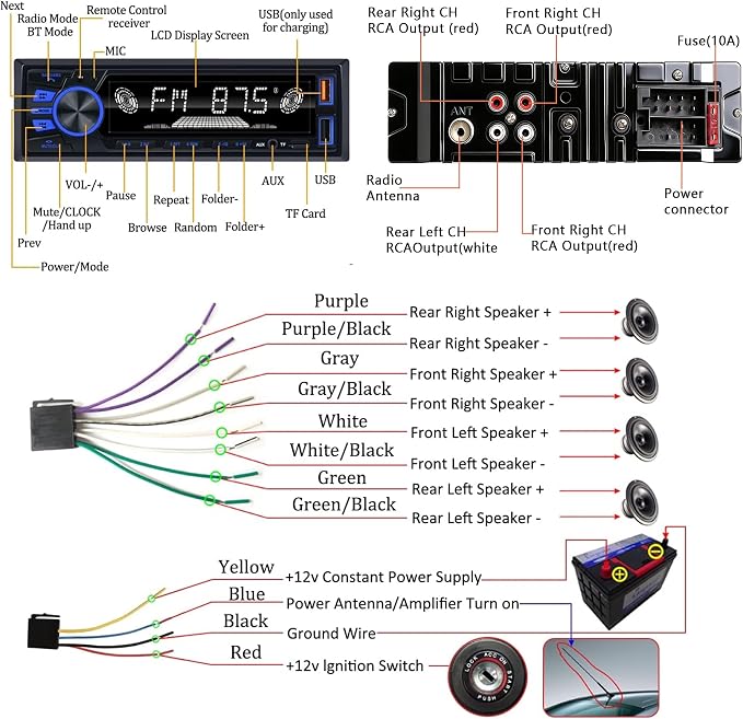 Car Radio Bluetooth Single DIN Car Stereo Audio,Car Audio with Push to Talk Button for Handsfree Calling,Supports FM/ MP3/EQ/SD/AUX,Dual USB,iOS & Android App Control,7 LED Colors | Not CD Player