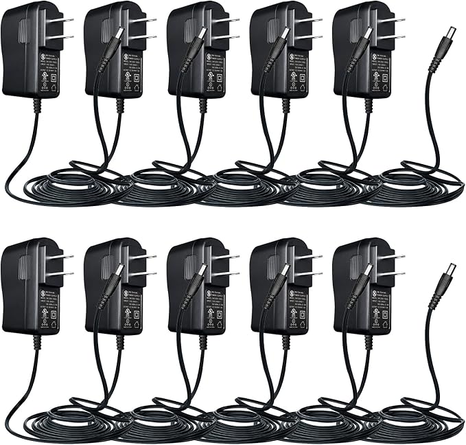 UL Listed 10 Pack 12V 1A 10ft Power Supply Adapter, AC to DC 12W 12V 1000mA 800mA 500mA Replacement Power Cord for CCTV Security Camera DVR LED Strips Router BT Speaker LED Mirror Desk Lamp and More