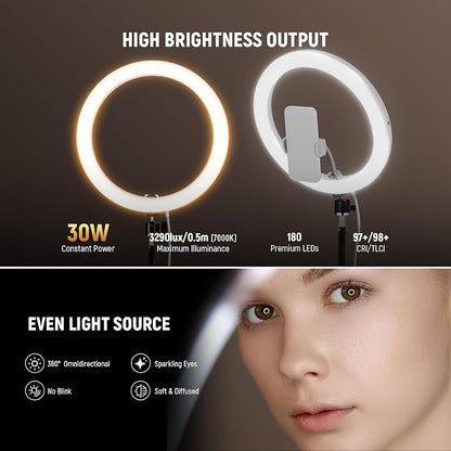 NEEWER RH12B Pro 12" 30W High Power LED Ring Light with 71" Tripod Stand Compatible with iPhone, 3290lux Bi Color Selfie Circle Light Phone Holder for Video Recording Makeup Stream, 2900-7000K CRI97+