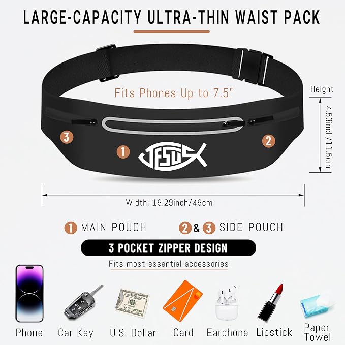 Jesus Fish Black Running Belts for Women,Adjustable Waist Fanny Pack Phone Holder Christian Faith Jesus Men Running Bag,Waterproof Reflective Slim Jogging Pouch Religious Christian runner Gifts