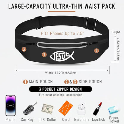 Jesus Fish Black Running Belts for Women,Adjustable Waist Fanny Pack Phone Holder Christian Faith Jesus Men Running Bag,Waterproof Reflective Slim Jogging Pouch Religious Christian runner Gifts