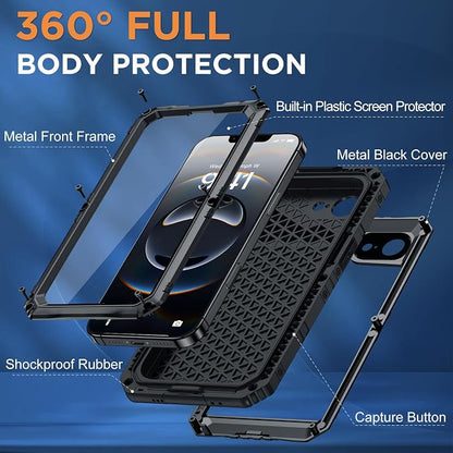 Beasyjoy for iPhone 16e Case/iPhone 17e Case Waterproof, Metal Heavy Duty Full Body Protective Case with Built-in Screen Protector, Military Grade Shockproof Cover for iPhone 16e/17e 6.1", Black