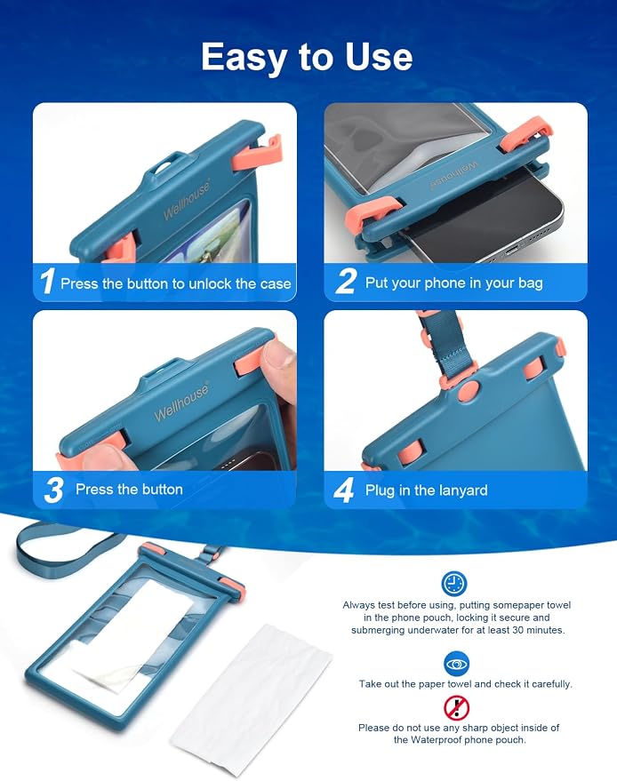 wellhouse Waterproof Phone Pouch, Waterproof Phone Case for iPhone 17 16 15 14 13 Pro Max XS Samsung, IPX8 3D Cellphone Dry Bag Beach Essentials (1 Pack - Blue8.0, 8 inch)