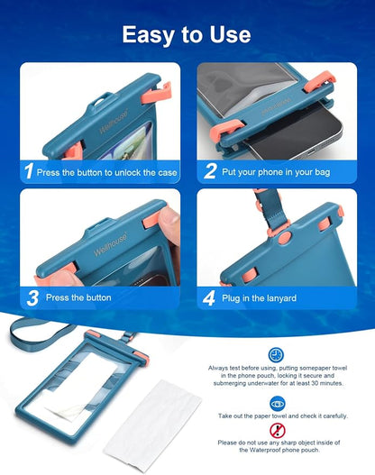 wellhouse Waterproof Phone Pouch, Waterproof Phone Case for iPhone 17 16 15 14 13 Pro Max XS Samsung, IPX8 3D Cellphone Dry Bag Beach Essentials (1 Pack - Blue8.0, 8 inch)