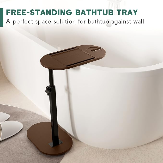 Yumkfoi Bamboo Bathtub Tray Table with Adjustable Height, Freestanding Bath Caddy Side Table for Tub Against Wall, Tub Shelf with Wine Glass Phone Holder, Functional Tray - Patent Protected (Brown)
