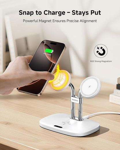 SwanScout Wireless Charger for iPhone Air/17, SwanScout 706M, Dual Magnetic Charger for iPhone 16/15/14/13/12 Series, Charging Station for AirPods Pro 3/2, AirPods 4/3rd (White)
