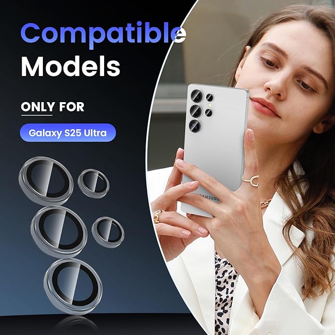 Tensea (3+2PCS Compatible with Samsung Galaxy S25 Ultra Camera Lens Protector, 9H Tempered Glass Camera Cover Screen Protector Metal Individual Ring [Installation Tray][Case Friendly]