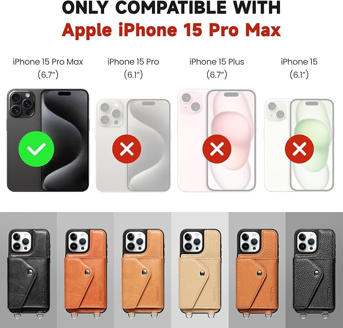 LUCKYCOIN for iPhone 15 Pro Max Crossbody Wallet Case – Genuine Leather Phone Purse with Adjustable Strap and Card Holder,Lanyard Phone Purse Case for Women,Pebble Grain Black