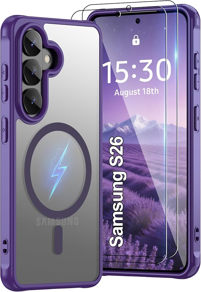 for Galaxy S26 Phone Case: Samsung S26 Phone Case with 2PC HD Screen Protector, Wireless Charging Samsung S26 Case Matte Translucent Soft-Touch & Shockproof Funda para S 26,Purple