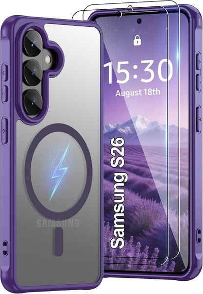 for Galaxy S26 Phone Case: Samsung S26 Phone Case with 2PC HD Screen Protector, Wireless Charging Samsung S26 Case Matte Translucent Soft-Touch & Shockproof Funda para S 26,Purple