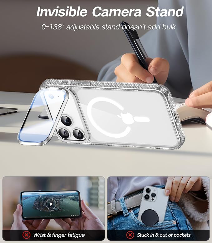 [Upgraded Full Camera Protection] for iPhone 17 Pro Case with Camera Cover Stand [Fit for MagSafe][10FT Mil-Grade Protection] Transparent Magnetic iPhone 17 Pro Phone Case, Clear