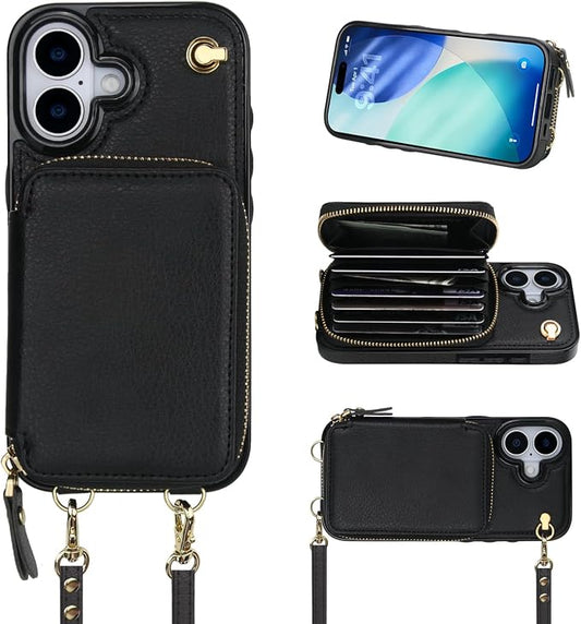 Bocasal Crossbody Wallet Case for iPhone 17, RFID Blocking Leather Purse Case with Card Holder, Protective Handbag Flip Cover with Zipper Wrist Strap Lanyard for Women 5G 6.3 Inch (Black)