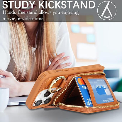 Crossbody Wallet Case for iPhone 14 Pro, PU Leather Zipper Handbag Purse Flip Cover, Kickstand Folio Case with Card Slots Holder Wrist Strap Lanyard 5G 6.1 Inch-Brown