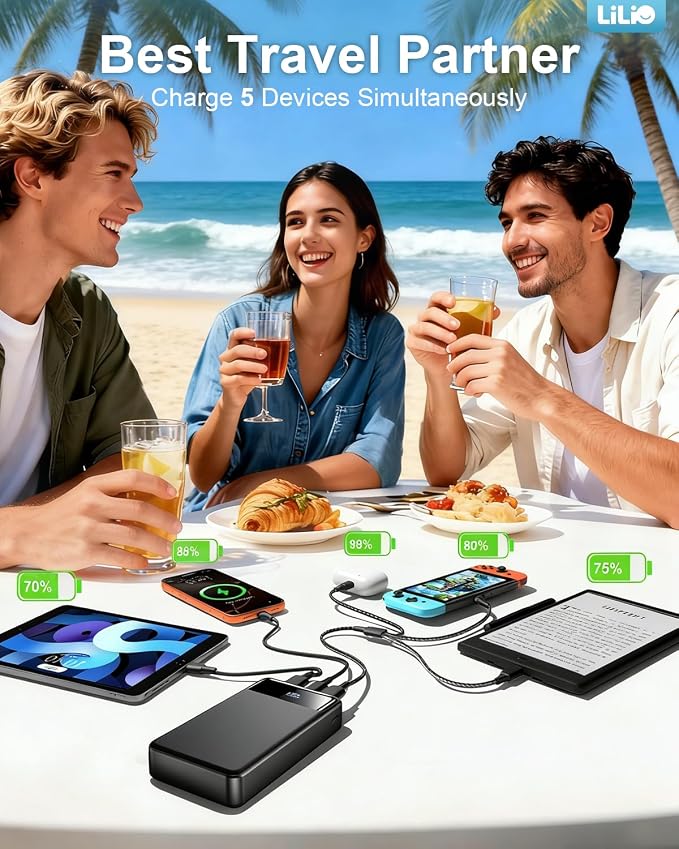 LILIO Portable Charger Power Bank，60,000mAh Battery Pack, 22.5W Power Bank Fast Charging with USB Cable, Phone Charger for iPhone 17/16/15/14/13 All Series/Samsung/Android, Camping Essentials, Black