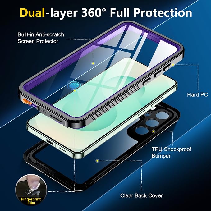SPIDERCASE Upgraded for Samsung Galaxy S25 Plus Case Waterproof,Built-in Screen & Camera Lens Protector[IP68 Underwater] [Military Grade Shockproof] Full Body Protection Phone Case,Purple/Clear