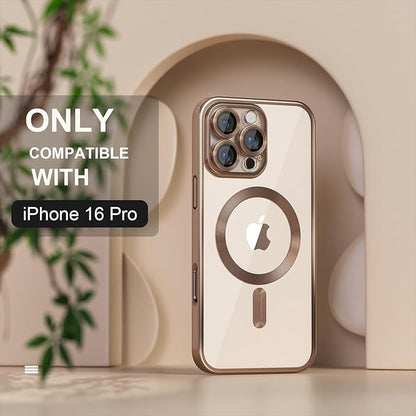 Misea Magnetic for iPhone 16 Pro Case Compatible with MagSafe [Never Yellowing] [Military Grade Drop Protection] Full Camera Lens Protector Plating Soft Clear Phone Case for Women 6.3", Desert