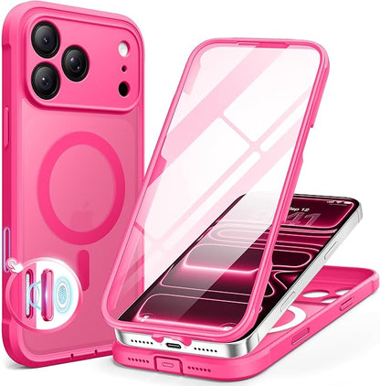 BERFY for iPhone 17 Pro Max Case, Compatible with MagSafe, Built-in Glass Screen Protector, Camera Protection, Shockproof Full Body Phone case 6.9", Translucent Hot Pink
