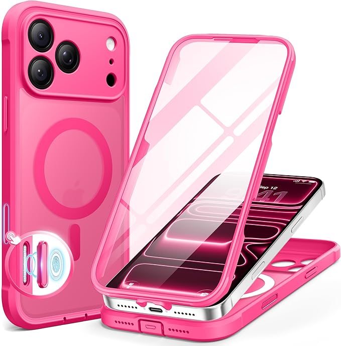 BERFY for iPhone 17 Pro Case, Compatible with MagSafe, Built-in Glass Screen Protector, Camera Protection, Shockproof Full Body Phone case 6.3", Translucent Hot Pink