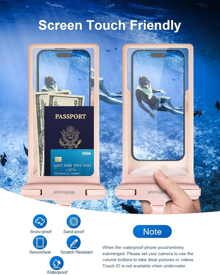 wellhouse Waterproof Phone Pouch, Waterproof Phone Case for iPhone 17 16 15 14 13 Pro Max XS Samsung, IPX8 3D Cellphone Dry Bag Beach Essentials (2 Pack - Blue & Pink8.0, 8 inch)